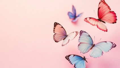 Elegant minimalist butterflies in soft pastel colors on pink background. Delicate wings in various directions, perfect for wedding cards and social media.