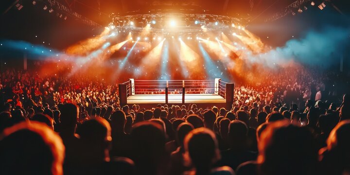 Crowded boxing arena during a light show at a sporting event showcasing mass public engagement and sports competition. Concept Sporting Events, Boxing Matches, Public Engagement, Light Shows - Powered by Adobe