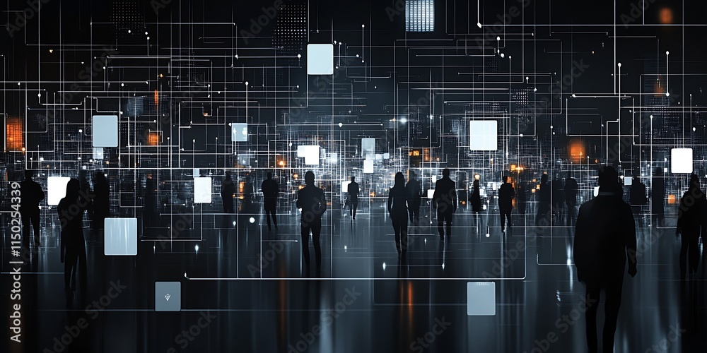 Poster silhouettes of people in a digital network abstract cityscape : generative ai