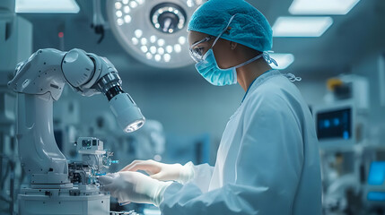 Surgeon Operating Robotic Equipment in Advanced Operating Room with Copy Space for Digital Healthcare Innovation