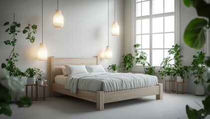 Minimalist 3D bedroom with a wooden bed, white-grey color palette, soft wall lamps glowing gently,