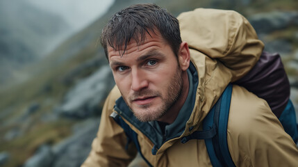 Man in beige waterproof jacket near mountain rocks. Outdoor adventure advertising