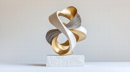 A modern abstract sculpture that features a complex weave of metallic strands contrasting beautifully with a finely textured stone, elegantly displayed against an extensive white backdrop,
