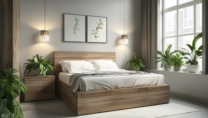 Fototapeta premium Modern 3D minimalist bedroom design featuring a wooden bed, white and grey tones, soft ambient