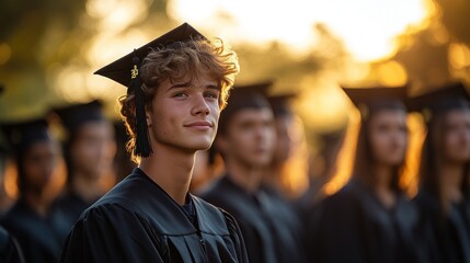 Fototapeta premium Young male graduate stands out in a crowd of graduates at sunset.