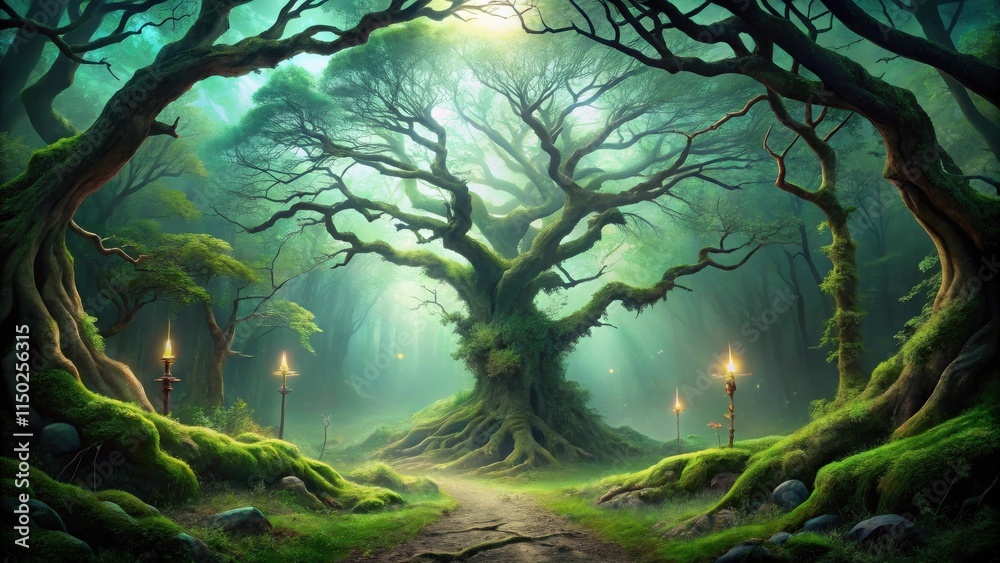 Poster enchanted forest path leading to an ancient, moss-covered tree with glowing torches