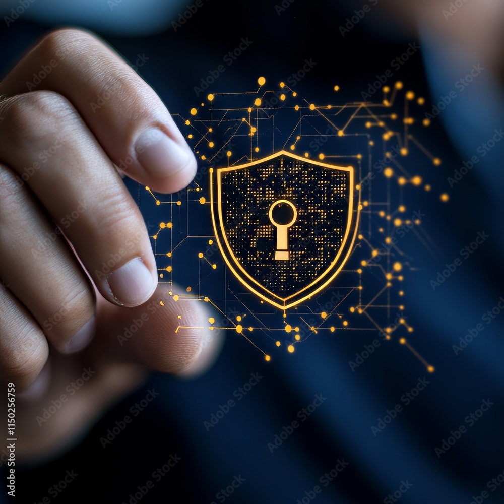 Poster digital security concepts explored through a hand holding a glowing shield symbolizing protection an