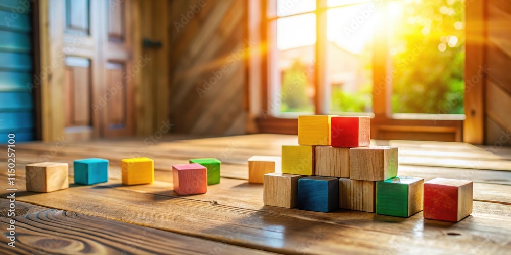 Poster Brightly colored wooden blocks arranged on a rustic wooden table, bathed in sunlight streaming through a window