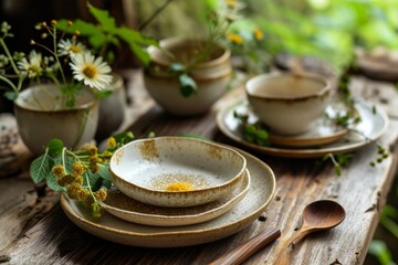 Handmade ceramic tableware, including bowls, plates, and a teapot, arranged on a rustic tablecloth amidst natural foliage, creating an idyllic outdoor dining scene