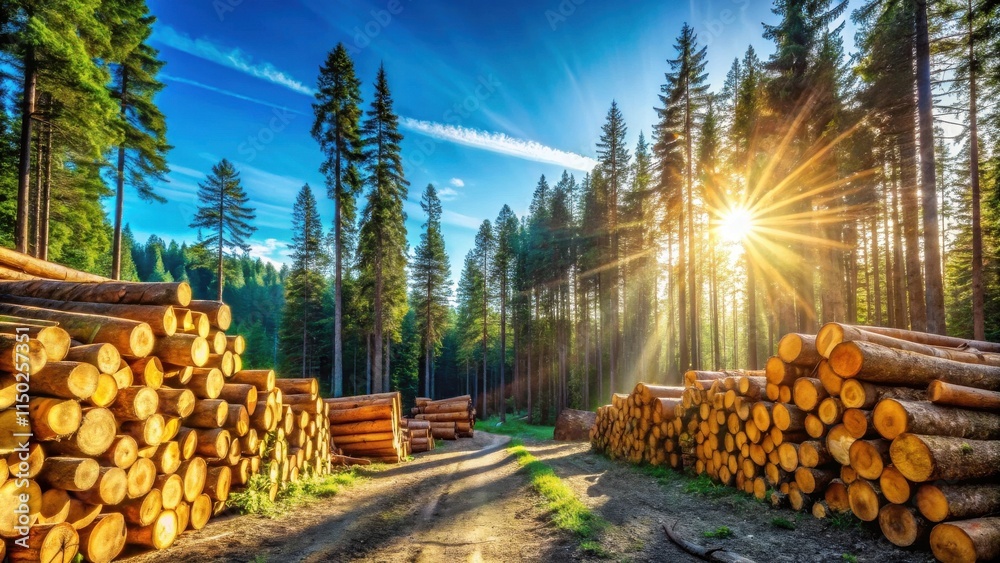 Poster sunlit forest path with stacks of harvested logs