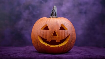 Obraz premium Carved Halloween pumpkin with a smiling face on purple background.
