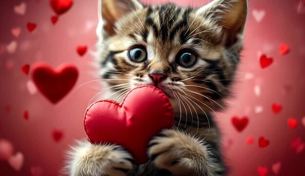 Close-up of a cute cat holding a big heart in its paws, set against a Valentine&rsquo;s Day-themed hearts background.
