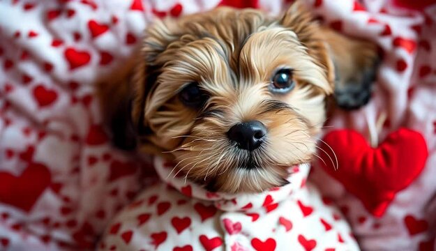 cute puppy wearing heart-patterned pajamas, set against a Valentine&rsquo;s Day-themed hearts background.
