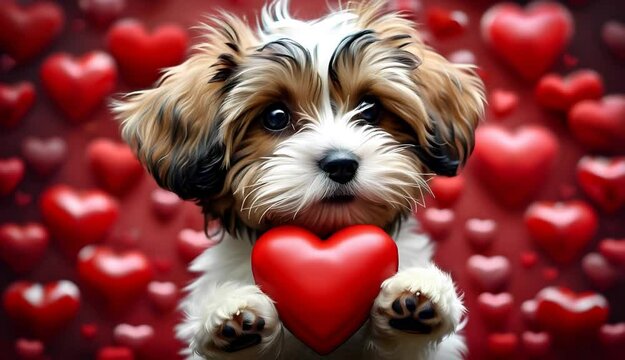 cute dog holding a big heart in paws, in a Valentine&rsquo;s Day-themed hearts background 