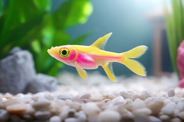Fototapeta premium A GMO fish with vibrant, glowing scales swimming in a clean, illuminated aquarium, symbolizing advanced genetic engineering