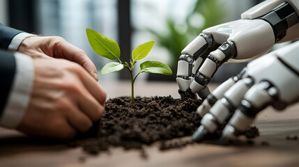 Human and robot hands planting a seedling together concept as A soft abstract image depicting human and robot hands planting a seedling in soil symbolizing growth and nurturing through collaboration. 