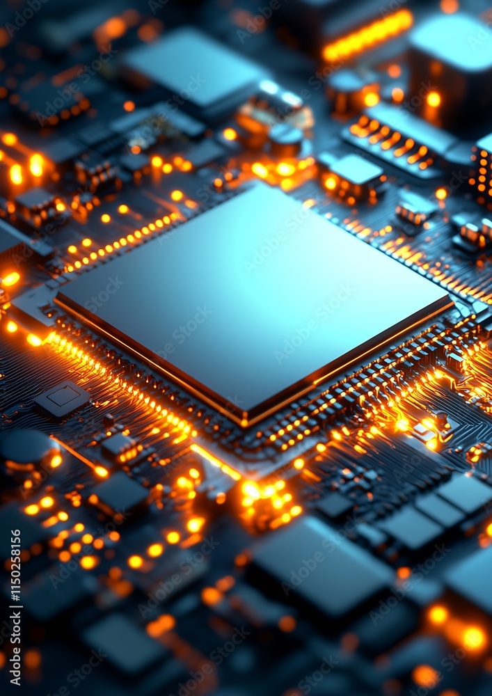 Poster Close-Up of an Illuminated Computer Circuit Board with Glowing Microchip : Generative AI