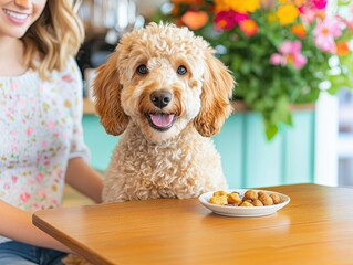Per friendly restaurant. A cheerful dog sits at a table with treats, surrounded by colorful flowers and a smiling owner.