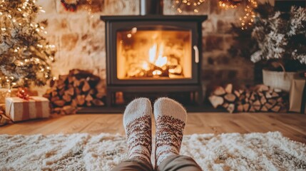 Fototapeta premium Family relaxing at home. Feet in Christmas socks near fireplace. Winter holiday concept