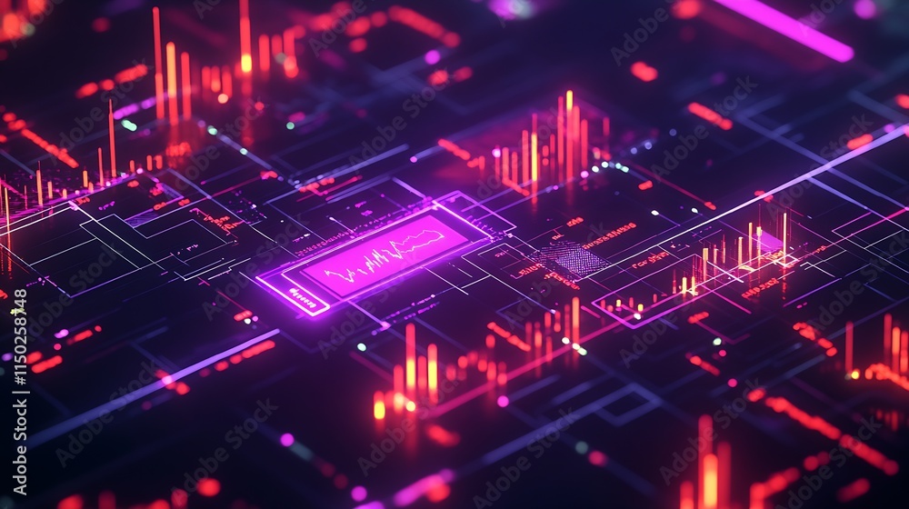 Leinwandbilder abstract circuit network with neon elements depicting modern technology and innovation : generative 