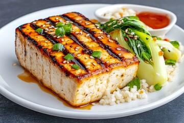A beautifully grilled tofu steak served with sautÃ©ed bok choy and sesame seeds