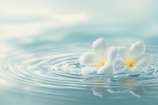 Two white plumeria flowers float on calm, rippling water.