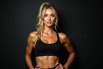 Obraz premium Portrait of a smiling athletic woman in black sportswear standing against a dark background, showcasing confidence and fitness lifestyle