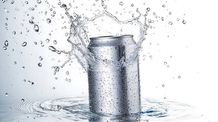 Metallic can splashing into clear water, with bubbles and ripples forming around it, room for advertising text, balanced composition,