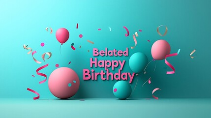 Belated Happy Birthday celebration with pink and teal balloons, confetti, and streamers on a mint background.