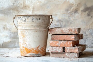 Fototapeta premium Vintage Bucket Next to Stacked Bricks on Neutral Background