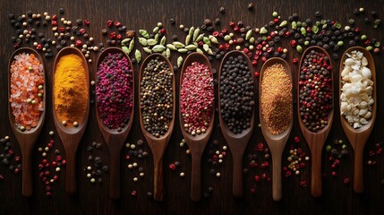 Obraz premium A captivating collection of spices fills wooden spoons, each showcasing unique colors and textures. The arrangement invites exploration of culinary creativity and rich flavors found in nature