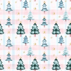 Obraz premium Winter Wonderland Seamless Pattern: Delicate watercolor Christmas trees and stars on a soft pink and white gingham background. Perfect for festive designs. 