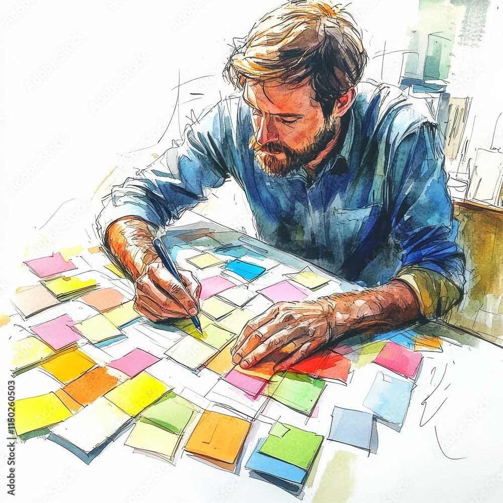 Poster creative brainstorming session with colorful sticky notes in a workspace during the day