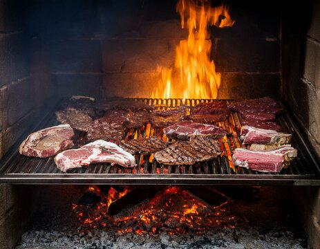 Generated image Argentinian asado grill filled with an assortment of meats, embers glowing parilla