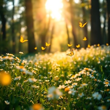 Fototapeta Golden Hour Serenity:  A meadow bursting with wildflowers bathed in the soft glow of a setting sun, where butterflies dance among the blossoms, creating a scene of pure tranquility and natural beauty.