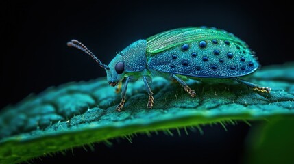 Fototapeta premium Close-up of a vibrant blue-green beetle with dots on its back, perched on a dark green leaf against a black background.