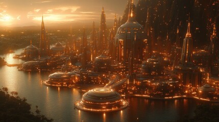 A futuristic cityscape illuminated by golden lights at sunset, reflecting on the water.