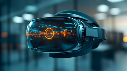 Close Up Macro Shot VR Headset Company Logo Blurred Office Background Corporate Virtual Reality Adoption