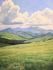 Fototapeta premium Serene Mountain Meadow Landscape - Rolling hills, vibrant green grass, fluffy clouds, distant mountains, peaceful scenery. Symbolizes nature, tranquility, freedom, vastness, and serenity.