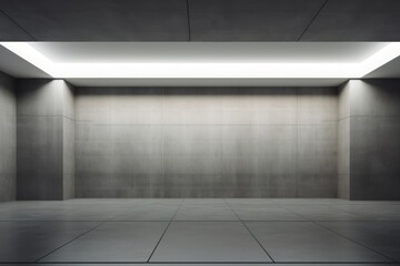 Fototapeta premium Modern interior design featuring an empty concrete room with a minimalist aesthetic, illuminated by a sleek lighting fixture 