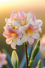 Fototapeta premium A stunning close-up of beautiful Alstroemerias flowers bathed in gentle morning light. Created with generative AI