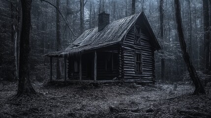 Obraz premium old wooden cabin at the edge of a dense, eerie forest known as the Black Woods. 