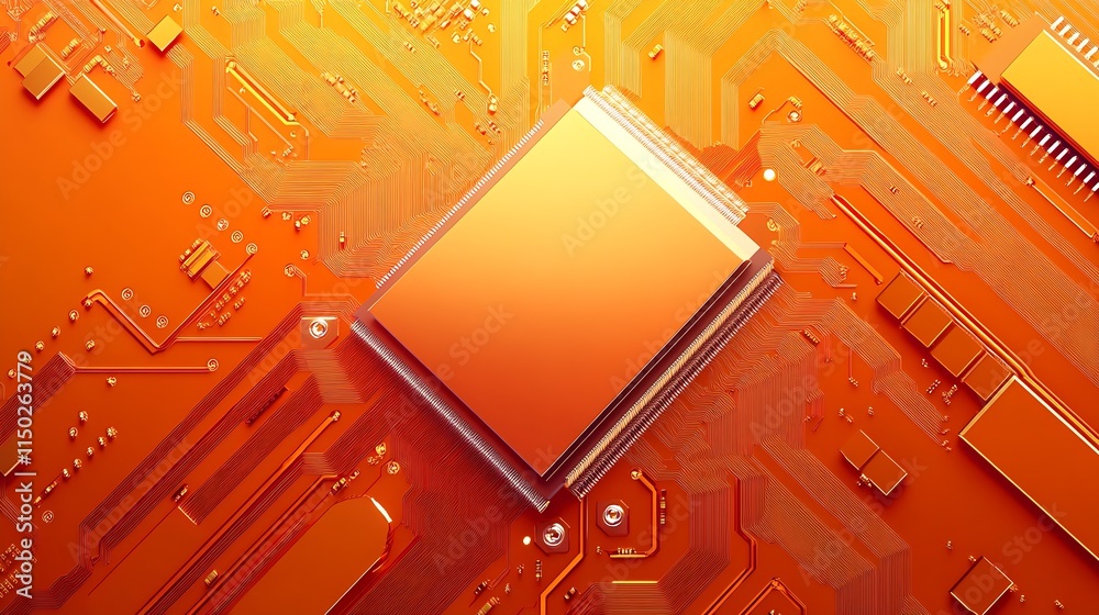 Poster orange microchip in high detail representing cutting edge semiconductor technology and digital innov