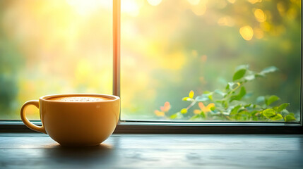 Soft Abstract Morning Coffee Windowsill with Bright Bokeh Serene Lifestyle Wellness Image