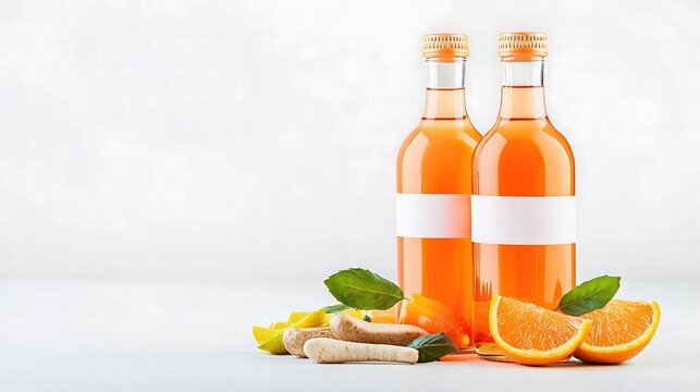 Beverage bottle mock-up with a sleek label design, positioned with fresh ingredients beside it, ample copy space for advertising, balanced composition,