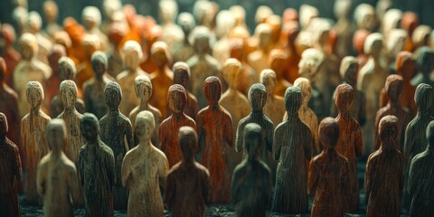 Obraz premium Representation of a diverse community through a crowd of wooden figures symbolizing overpopulation. Concept Community, Diversity, Wooden Figures, Overpopulation, Symbolism