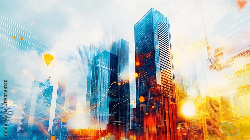 Poster vibrant futuristic cityscape with high-rise buildings and abstract art elements : generative ai