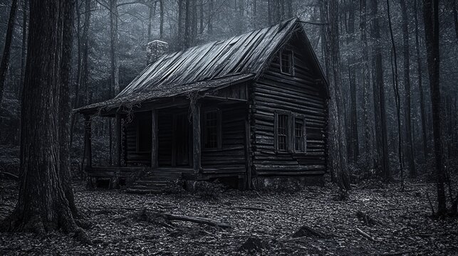 old wooden cabin at the edge of a dense, eerie forest known as the Black Woods. 
