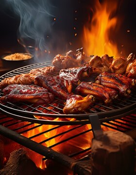 Generated image Argentinian asado grill filled with an assortment of meats, embers glowing parilla