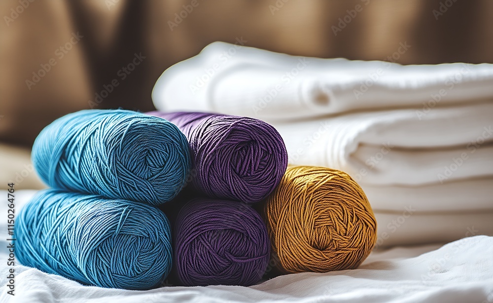 Poster artsy yarn set multicolored skeins with white linens relaxed background : generative ai